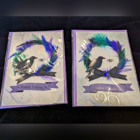 PAPYRUS Halloween Spooky feather & gem Wreath cards, includes 2 cards - Picture 3 of 9